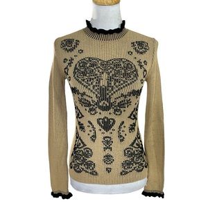 Elegant Tan and Black Patterned Turtleneck Sweater